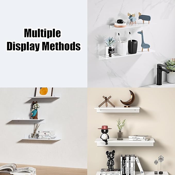 White Adhesive Shower Caddy 30cm, Floating Bathroom Shelves for Wall 2 Pack, Metal Bathroom Wall Shower Shelves Storage Organizer for Kitchen Home