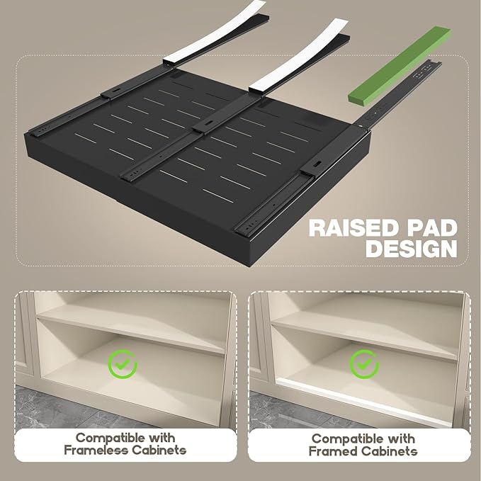 4 Pack Pull Out Cabinet Organizer 21" Deep,Full Extension 3 Slide Rails Slide Out Drawers With Raising Pad for Framed Cabinets,Expandable Width (15.4"-26.2"),No Drill Roll Out Shelves,Black