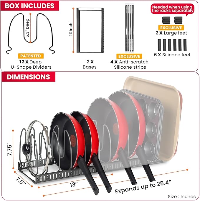 Better Things Home BTH 12-Slot Adjustable Pan and Pot Lid Organizer with Scratch-Free Pads, Expandable Pot Lid Holder Rack for Cabinet, Pots and Pans Organizer Inside Cabinet