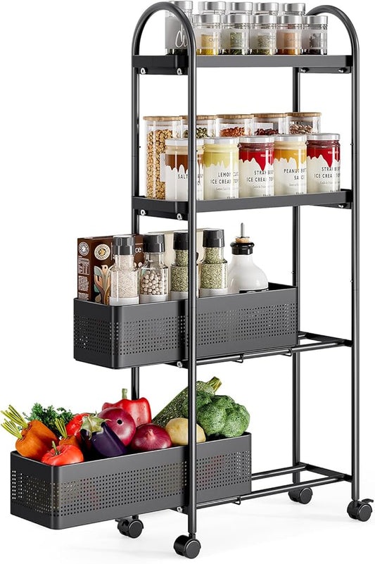 KINGRACK 4-Tier Slim Storage Cart with Pull Out Basket, Rolling Bathroom Organizer Utility, Metal Shelving Unit Slide Out, Lockable Wheels, Easy Assembly for Narrow Place, Kitchen, Laundry Room, Black