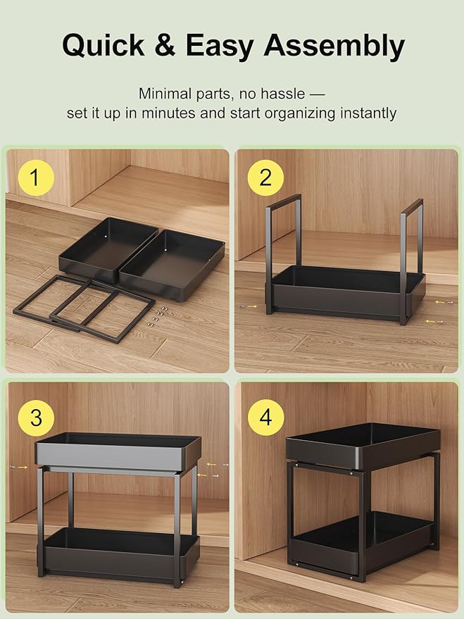 2 Tier Pull Out Cabinet Organizer with Sliding Basket Bathroom Cabinet Organizer, Bathroom Kitchen Multi-Purpose Under Sink Organizer and Storage Cabinet in Metal 1 pack