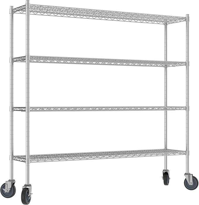Commercial NSF Listed Chrome Mobile Wire Shelving Kit 14" x 60" x 60", with 4 Shelves Perfect for Warehouse, Walk-in Refrigerator, Freezer, Grocery Store, Restaurant, Dishroom