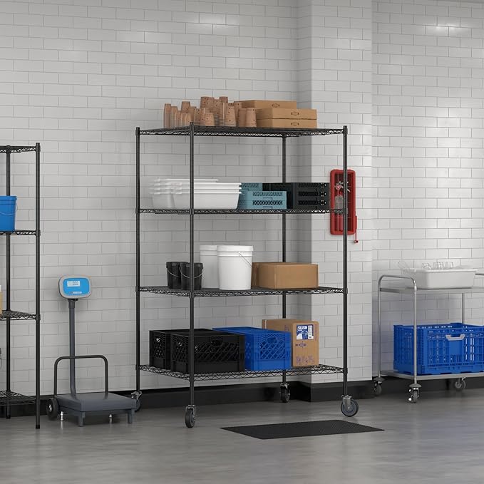 Commercial NSF Listed Black Epoxy Mobile Wire Shelving Kit 36" x 48" x 80", with 4 Shelves Perfect for Warehouse, Walk-in Refrigerator, Freezer, Grocery Store, Restaurant, Dishroom