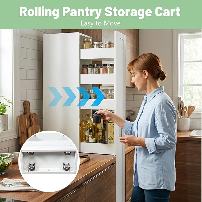 6 Tier Slim Rolling Pantry Storage Cart White Wooden Spice Rack on Wheels Next to Fridge,Mobile Storage Shelving Unit for Kitchen, Bathroom Narrow Pull-Out Pantry Organizer for Small Spaces