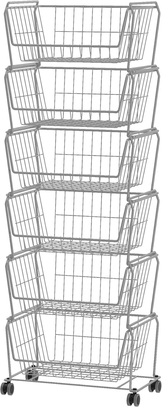 PUSDON Stackable Metal Storage Carts, Dual Use Shelf for Kitchen Fruit Vegetable Baskets with Wheels, Storage Rack for Living Room, Home & Office, Standard Silver Grey 6 Tiers