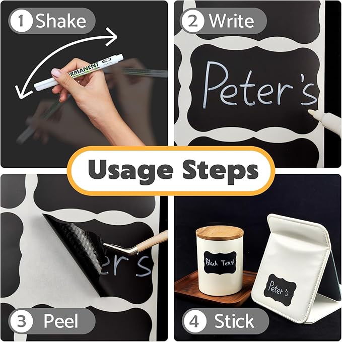 JIEHENG 180Pcs Chalkboard Labels for Jars, Waterproof Reusable Blackboard Stickers with 1 Liquid Chalk Markers, Organization Labels Removable (Black, Wavy)