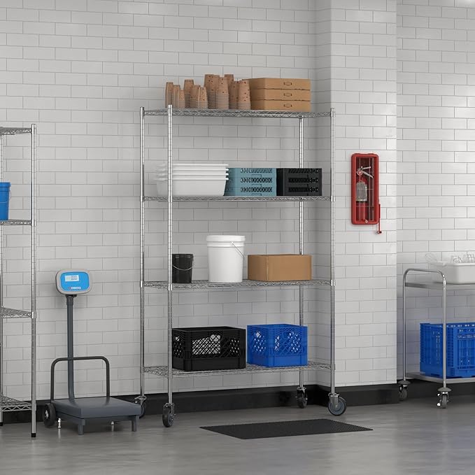 Commercial NSF Listed Chrome Mobile Wire Shelving Kit 18" x 48" x 80", with 4 Shelves Perfect for Warehouse, Walk-in Refrigerator, Freezer, Grocery Store, Restaurant, Dishroom