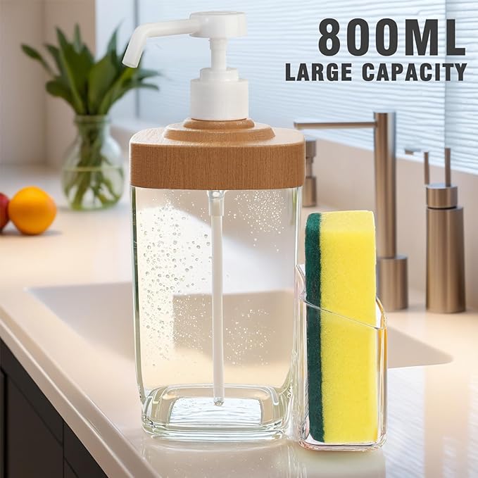 Kitchen Soap Dispenser with Sponge Holder, 800ml Large Capacity Dish Soap Dispenser Caddy, Shatterproof & Rustproof Sink Organizer with Extended Tube, Removable Caddy - Free Funnel Included (Black)