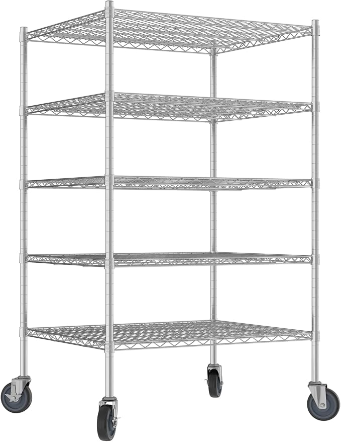 Commercial NSF Listed Chrome Mobile Wire Shelving Kit 30" x 36" x 60", with 5 Shelves Perfect for Warehouse, Walk-in Refrigerator, Freezer, Grocery Store, Restaurant, Dishroom