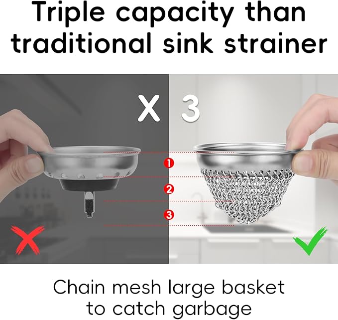 Kitchen Sink Drain Strainer, Wokdada Flexible Insert Mesh Sink Strainer, 304 Stainless Steel Sink Strainer, Clog-Free Garbage Disposal Sink Catcher Strainer, 3.19 Inch Sturdy Metal Sink Screen