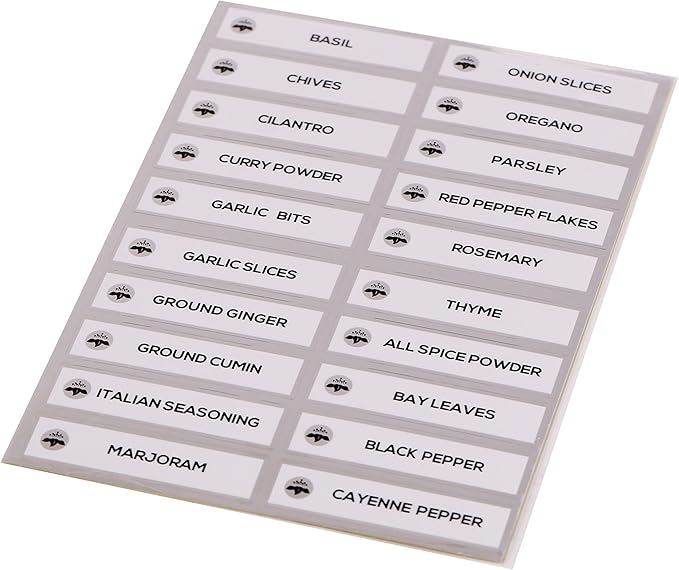 Orii Spice Labels - 40 Preprinted + 20 Blank Labels | Kitchen Jar Label Combo Tags for Pantry Ingredients and Spice Rack Organization, Silver/White (60 Labels)
