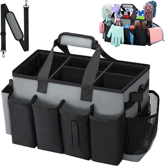 Wigojoy Wearable Large Cleaning Caddy Bag for Housekeeper, Clean Supply Organizer with Adjustable Shoulder, Waist & Handle Straps, Detailing Bag for Kitchen Supplies (Black&Gray)
