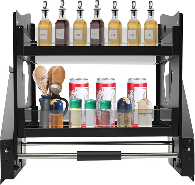 Pull-down Cabinet Organizer 2 Tier, Kitchen Cabinet Organizer Adjustable height, Drop Down Lift Upper Kitchen Spice Rack for Upper Cabinet 22.05x11.02x20.87in 66LBS Load (Pull Down, Style2)