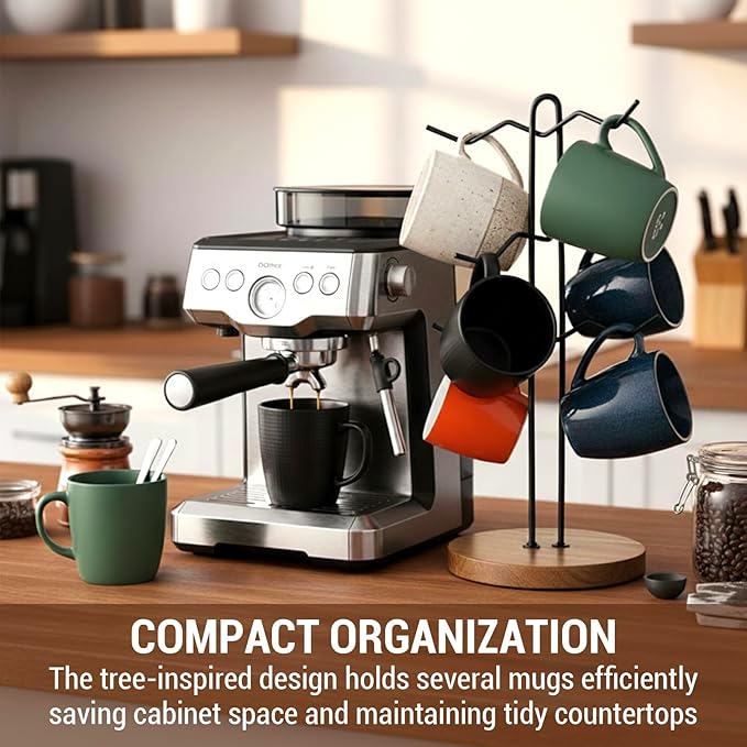 MyGift Black Metal Wire Tabletop Coffee Mug Holder with Premium Acacia Wood Base – Modern Countertop Cup Organizer Rack Stand