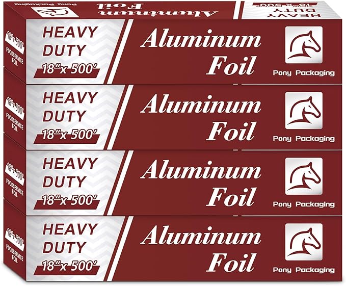 Aluminum Foil Heavy Duty 18 inch Wide, 500 FT Heavy Duty Food Safe Foil Wrap for Cooking, Baking, Grilling, (Pack of 4) Pony Packaging Aluminum Roll 23 Microns Thick - Commercial Grade