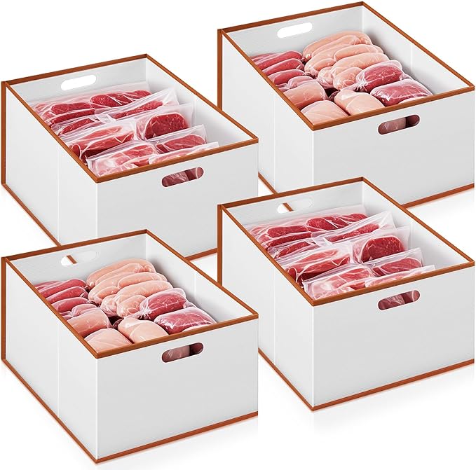 Chunful 4 Pcs Freezer Organizer Bins, Collapsible Deep Chest Freezer Organizer Bins with Handles 11.7'' x 15.7'' x 7.9'' Water Resistant for Bedroom, Pantry, Living Room, Fruits, Meats