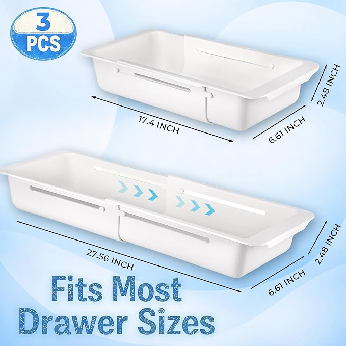 3-Pack Drawer Organizer for Deep Drawers with Smooth Sliding Design, Durable PP Expandable Modular Storage Tray for Makeup, Office Supplies, Kitchen Tools, Vertical Space-Saving Organizer