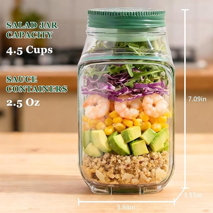 Original salad container with green lid, 32-ounce food storage jar, suitable for meal prep, lunch, travel, portable (1 piece) with a complimentary stylish fork
