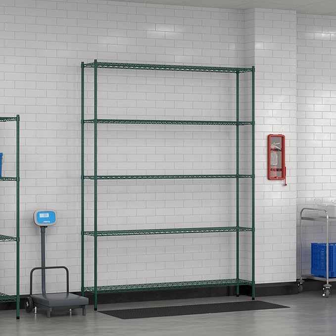 Commercial NSF Listed Green Epoxy Stationary Wire Shelving Kit 14" x 72" x 96", with 5 Shelves Perfect for Warehouse, Walk-in Refrigerator, Freezer, Grocery Store, Restaurant, Dishroom