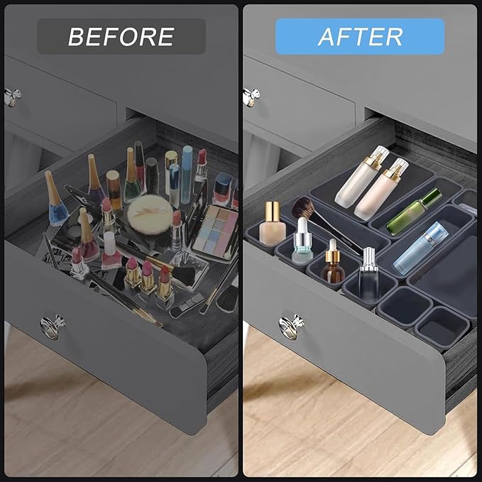64Pcs Interlocking Desk Drawer Organizer Tray, 3 Sizes Desk Drawer Organizer, Plastic Grey Interlocking Junk Drawer Organizers for Cosmetics, Office and Bathroom