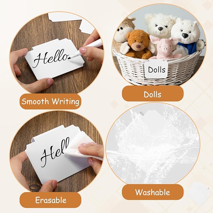 YooNotee 50 Pcs White Basket Labels Clip with 4 Black Chalk Markers Reusable Plastic Storage Bin Erasable Labels Kitchen Pantry PVC Tag Stickers for Fabric Cubes Basket Box Organization