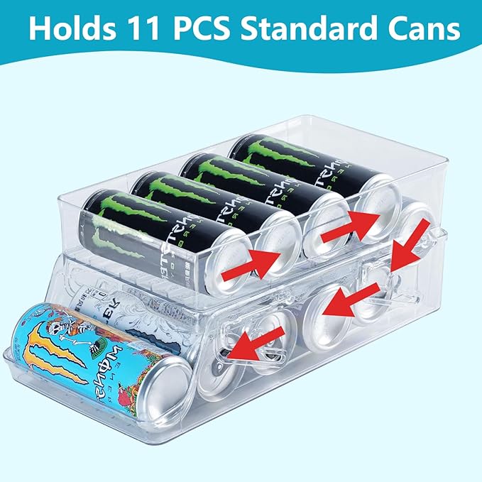 Rolling Soda Can Dispenser for Refrigerator, Stackable Drink Organizer for Fridge, Pop Beverage Holders for Pantry, Freezer, Kitchen, Clear Plastic Cup Holder Storage Bins, Holds 11 Cans