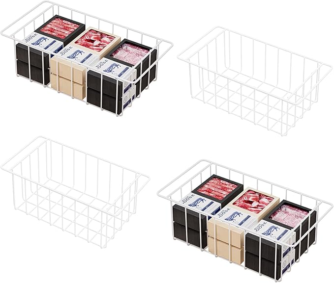 lonpute Chest Freezer Organizer Bins 17.5 Inch, Deep Upright Freezer Baskets Storage Rack Bins, Metal Wire Baskets, White Set of 4