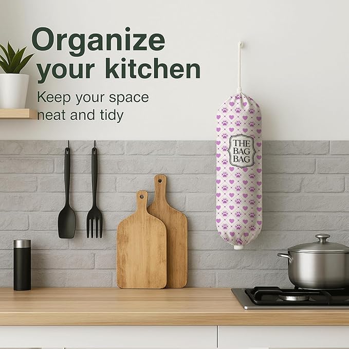 The Bag Bag Grocery Bags Holder, Purple Paw & Heart Pattern Grocery Bags Holder Organizer for Shopping Sack, Reusable Hanging Trash Sack Dispenser, Kitchen Gift for Women Family Friends Grandma Mom