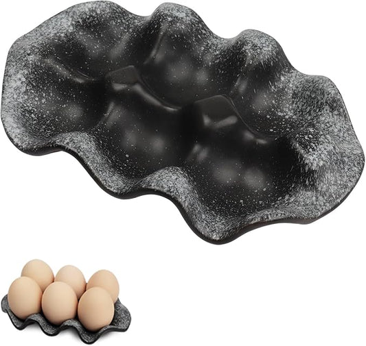 DOBROGOST Ceramic 6 Cups Egg Tray,Half Dozen Porcelain Egg Holder Container Keeper Storage Organizer, Decorative Serving Stand Serveware for Refrigerator Fridge Countertop Display Kitchen (black)