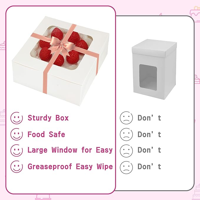 30pcs Cake Boxes with Window,10x10x5 Inches Bakery Boxes Treat Cookie Dessert Boxes Pastry Box for Cake,Chocolate Covered Strawberries,Cupcakes,Donuts,Baked Goods