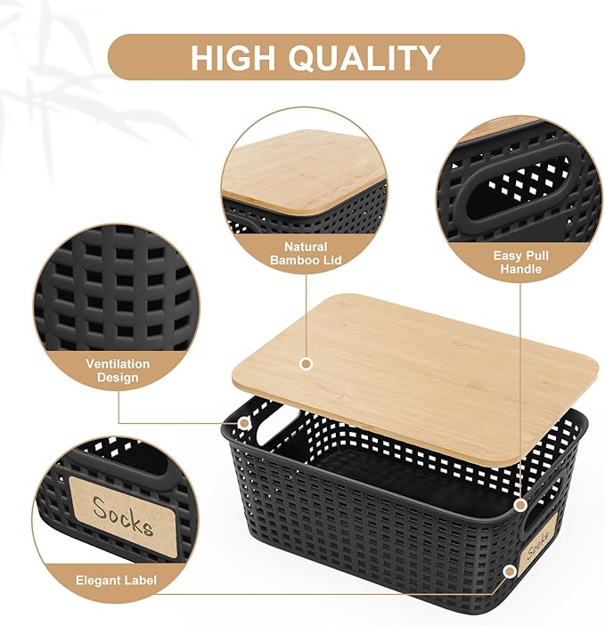 Plastic Storage Bins with Bamboo Lid - Pantry Storage Baskets with Lid - Stackable Container with Lable for Organizing: Small Storage Box for Shelves Office Cabinet Drawer Closet 9x7x4 In - Black 6Pcs