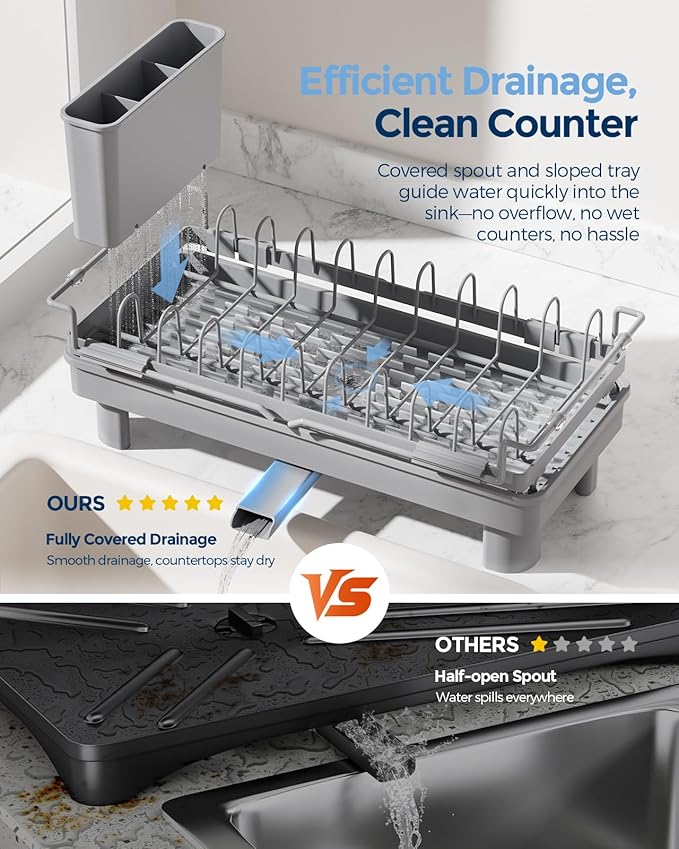 Nacial Small Dish Drying Rack with Utensil Holder, Expandable Dish Rack Over Sink with Auto-Drain Tray, Compact Dish Drainer for Kitchen Counter, Stainless Steel Dish Rack Fits 14''–21.8'' Sink, Gris