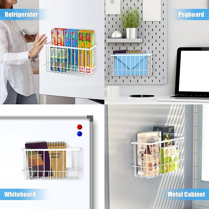 NiHome Magnetic Metal Basket Organizers, Dryer Ball Holder, 2PCS Medium & Small, Versatile Storage for Kitchen & Office Holds Up to 14 lbs, Easy Attach to Refrigerator or Any Magnetic Surface (White)