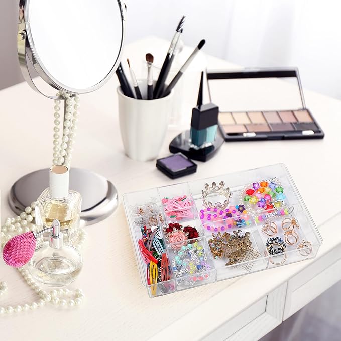 2Pcs 8-Section Clear Drawer Organizer, Large Acrylic Drawer Divider Tray for Desk,Bathroom,Office Makeup,Junk, Plastic Drawers Organizer 13.7" x 8.7" x 2"