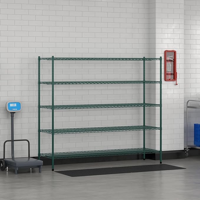 Commercial NSF Listed Green Epoxy Stationary Wire Shelving Kit 21" x 72" x 64", with 5 Shelves Perfect for Warehouse, Walk-in Refrigerator, Freezer, Grocery Store, Restaurant, Dishroom