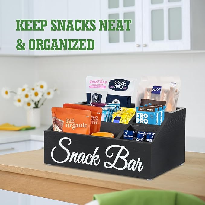 Snack Organizer for Countertop, Wooden Snack Tray and Food Storage Bins, Large 5-Compartment Snack Basket for Pantry, Kitchen Cabinet Pantry Organizer and Storage Bins for Packets