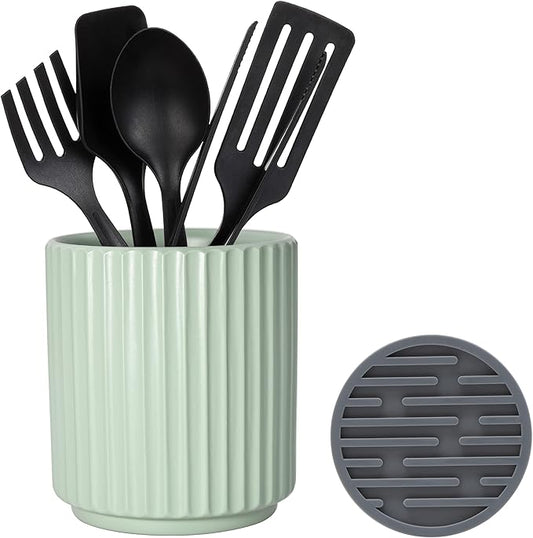 Cooking Utensils Holder for Kitchen Counter (H5.51” x W4.92”), Ceramic Crock for Kitchen Utensils, Cooking Spoon Holder for Countertop, Includes Silicone Drying Mat Green