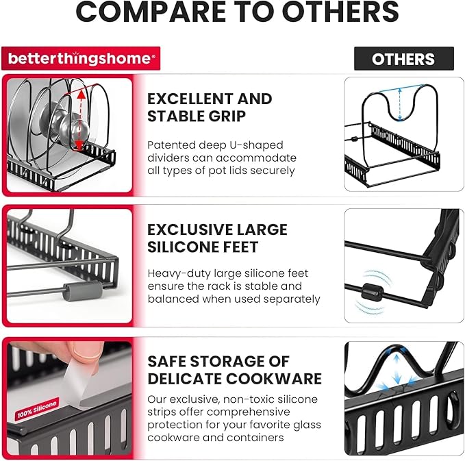Better Things Home BTH 12-Slot Adjustable Pan and Pot Lid Organizer with Scratch-Free Pads, Expandable Pot Lid Holder Rack for Cabinet, Pots and Pans Organizer Inside Cabinet