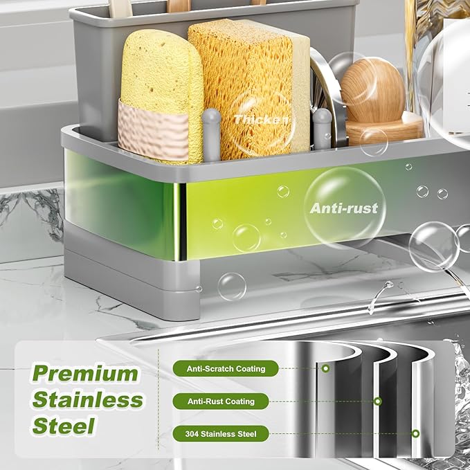 Stainless Steel Sink Caddy, Sponge Holder for Kitchen Sink with Brush Holder & Dishcloth Rack, Rustproof Sink Organizer Countertop, Soap Dispenser Kitchen Organizers Storage Essentials (Gray)
