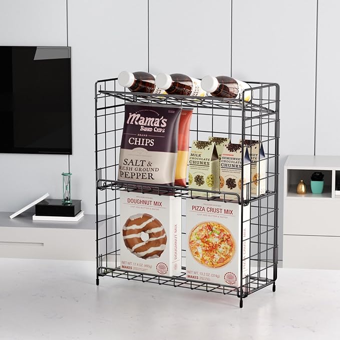 3-Tier Snack Rack for Countertop, Foldable Snack Organizer for Small Snacks, Versatile Metal Wire Snack Storage Basket for Kitchen Supplies, Spice Rack, Fruits Holder, Bathroom Shelf.