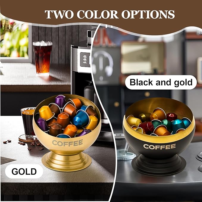Coffee Pod Holder, Gold Metal Coffee Pod Storage, Capsule Container Bowl, Coffee Pod Organizer for Kitchen Counter and Office Desktop (Gold)