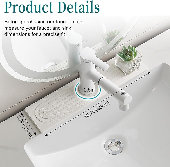ODE TO ORDER Stone Faucet Mat for Kitchen Sink Bathroom Counter, 15.7 Inch White Diatomite Water-Absorbing Drying Stone Mat, Sink Stone Tray Protector,Prevent Moisture Sink Splash Guard