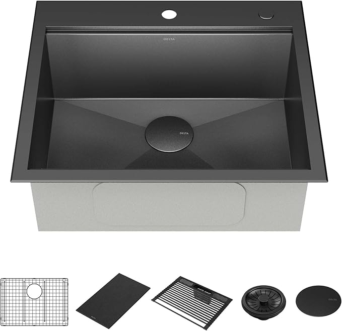 Delta Faucet Delta Rivet 25 Inch Black Stainless Steel Drop-in Top Mount 16 Gauge Workstation Kitchen Sink Single Bowl in PVD Gunmetal Finish with WorkFlow Ledge and Accessories, 95A9031-T25S-GS