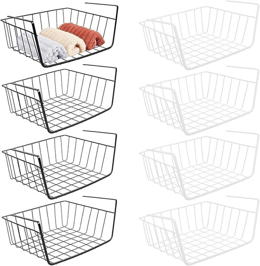 8 Pcs Under Shelf Wire Basket, Slide-in Baskets Organizer for Kitchen Pantry Desk Bookshelf, Cabinet Baskets Organizer 12.2x8.66x5.1Inch for Kitchen, Office, Pantry(Black and White)