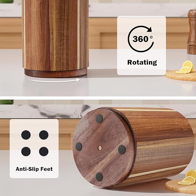 Acacia Wood Utensil Holder - 360° Rotating Countertop Organizer with Non-Slip Base, Large Capacity Kitchen Utensil Crock for Spatula, Spoon & Cooking Tools(2pcs)