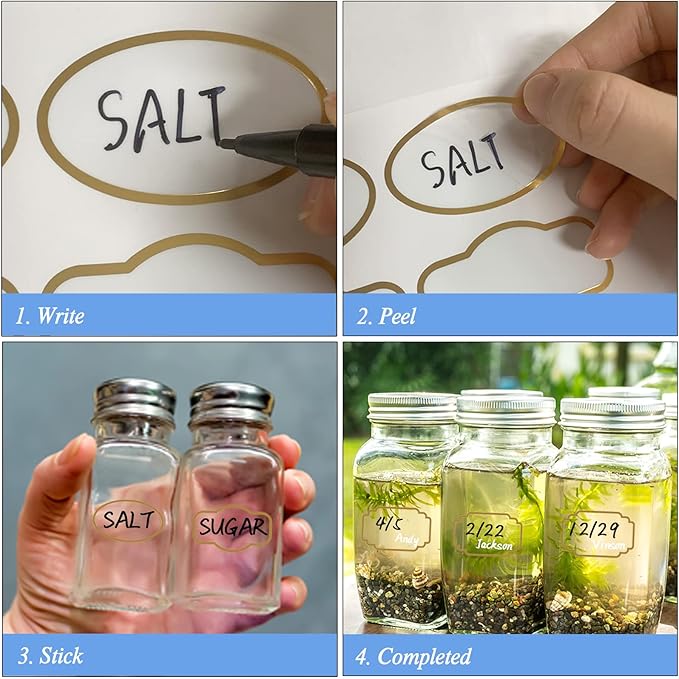 93pcs Transparent Removable Jar Labels with Gold Border, Waterproof Self-Adhesive Clear Label Stickers with 2 Markers, Kitchen Pantry Labels for Storage Bin, Food Container, Bottles