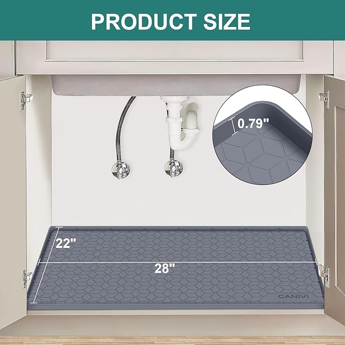 CANIVI Under Sink Mat, 28" x 22" Waterproof Silicone Under Sink Tray for Kitchen & Laundry Cabinets, Kitchen Cabinet Shelf Protector, Up to 3 Gallons Liquid, Fits 36 inch Standard Cabinet (Blue Grey)