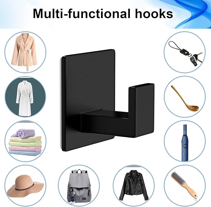 VINHOLD Adhesive Shower Hooks, Towel Hooks for Hanging Robe, Coat, Hat, Loofah, Heavy Duty Wall Hooks Stick on Bathroom, Kitchen and Office (2 Pack, Black)