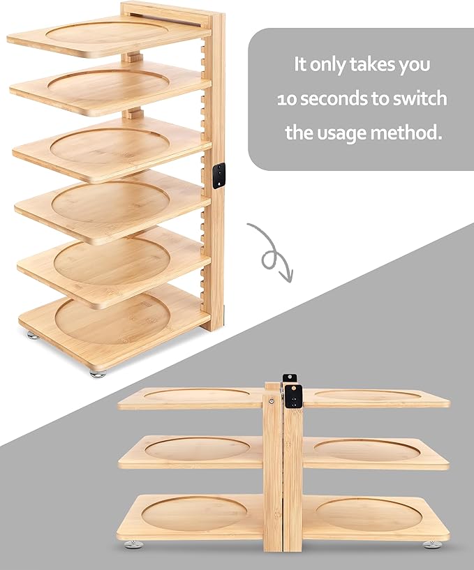 Pot and Pan Organizer under Cabinet - Collapsible Wood Pot Organizers inside Cabinet for Heavy Duty - 6-Tier Adjustable Pan Pack - Perfect to Store Pots/Pans/Lids