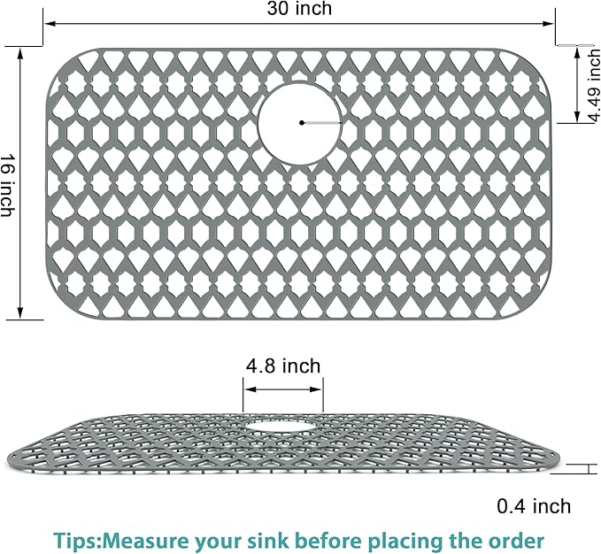 SAMSIER Sink Protectors for Kitchen Sink, Kitchen Sink Accessory - Silicone Mats Grid for Stainless Steel Strainer Bottom of Farmhouse Porcelain sinks (30”x16”, Rear Drain)